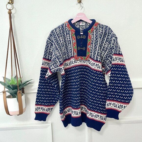 Norwegian Design Pure New Wool Blue Colorful Winter Sweater Size L - Picture 1 of 6